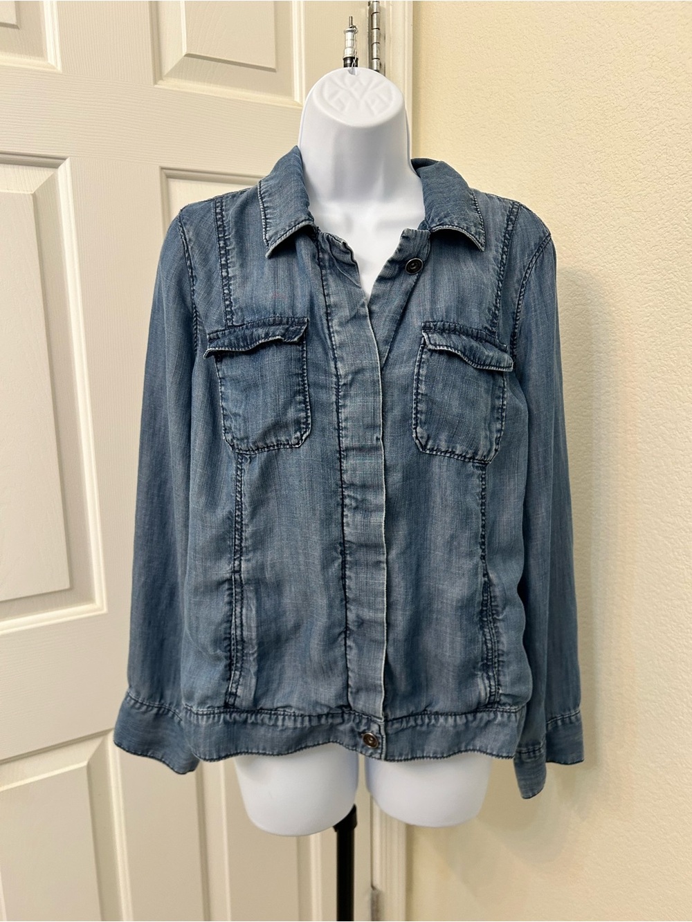 Lightweight Washed Blue Denim Shacket with Chest Pockets